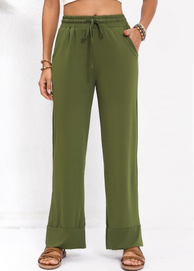 Pocket Elastic Waist High Waisted Olive Green Pants