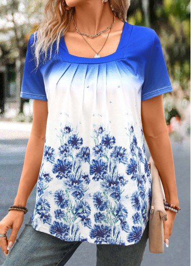 Pleated Floral Print Purplish Blue Square Neck T Shirt