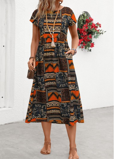Pocket Tribal Print Orange Round Neck Short Sleeve Dress
