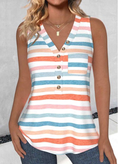 ROTITA Pocket Striped Multi Color Split Neck Sleeveless Tank Top