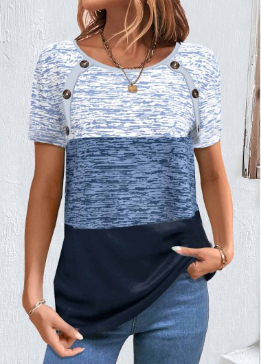 ROTITA Patchwork Geometric Print Blue Round Neck T Shirt