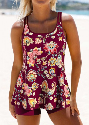 ROTITA Lightweight Dark Reddish Purple Random Floral Print Tankini Set