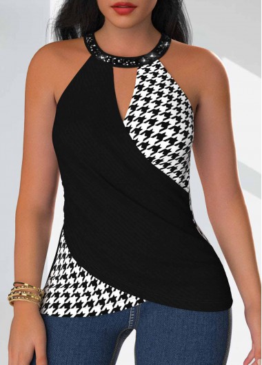 ROTITA Sequin Geometric Print Black Halter Sleeveless Tank Top