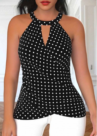 ROTITA Cut Out Polka Dot Black Halter Sleeveless Tank Top