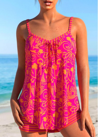ROTITA Bowknot Hot Pink Graffiti Print Tankini Set