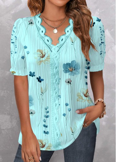 ROTITA Patchwork Floral Print Cyan V Neck Short Sleeve Blouse