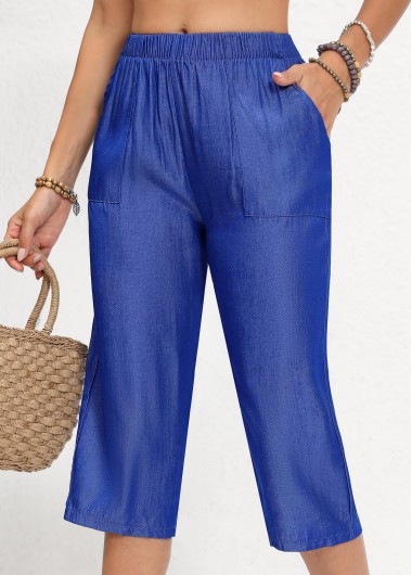 Double Side Pockets Elastic Waist Denim Blue Pants