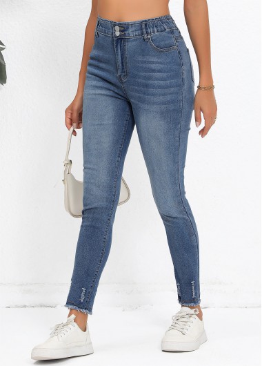 Pocket Denim Blue Regular Button Fly High Waisted Jeans