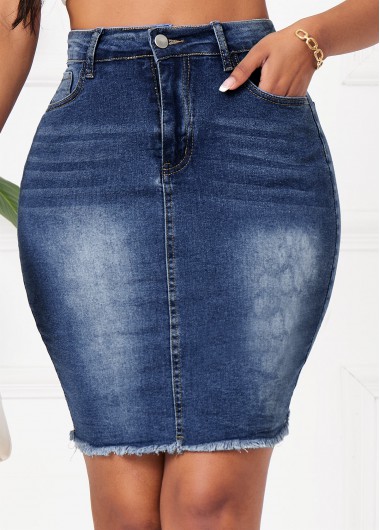 Pocket Button Fly Denim Blue Bodycon Skirt