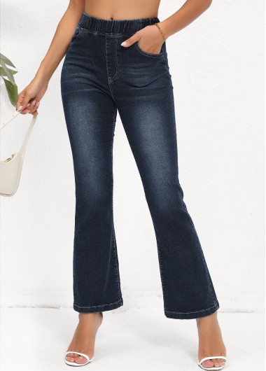 Pocket Denim Blue Flare Leg Elastic Waist Jeans