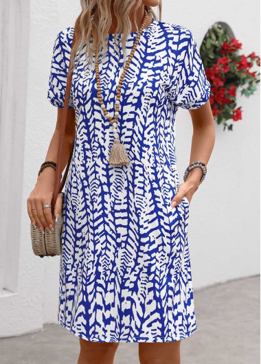 Pocket Graffiti Print Dark Blue Round Neck Shift Dress