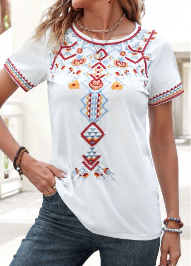 Embroidery Tribal Print White Round Neck T Shirt