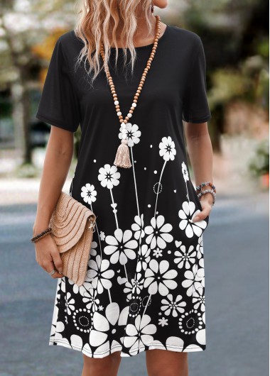 Pocket Floral Print Black Round Neck Shift Dress