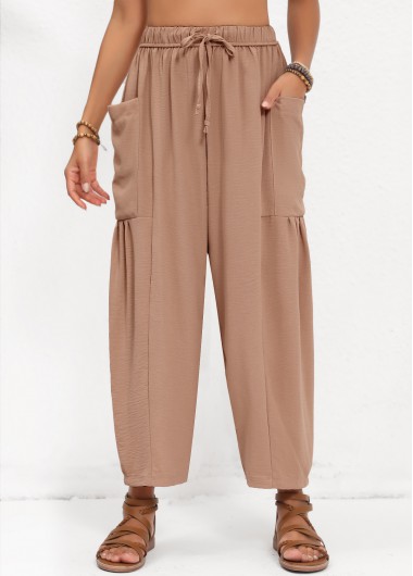 Pocket Light Coffee Elastic Waist High Waisted Pants