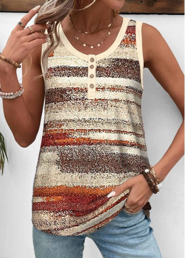 ROTITA Button Striped Light Yellow Round Neck Sleeveless Tank Top