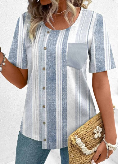 ROTITA Asymmetry Multi Stripe Print Dusty Blue Round Neck Blouse