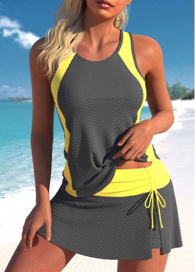 ROTITA Cut Out Drawstring Grey Tankini Set
