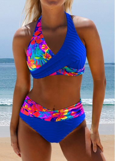 ROTITA Surplice Royal Blue Floral Print Bikini Set