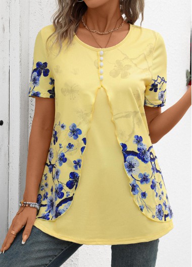 Layered Floral Print Yellow Round Neck T Shirt
