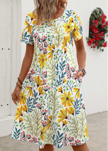 Pocket Floral Print Yellow Round Neck Short Sleeve Dress