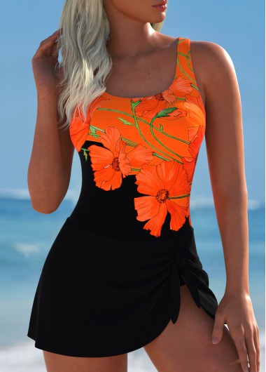 ROTITA Tie Black Floral Print One Piece Swimdress