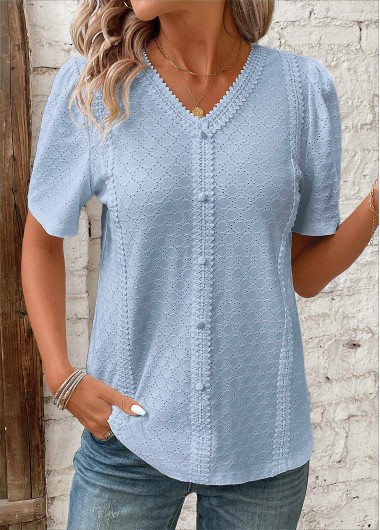 ROTITA Patchwork Blue V Neck Short Sleeve Blouse