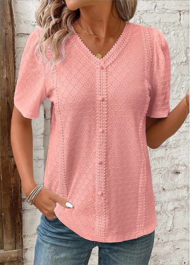 ROTITA Patchwork Pink V Neck Short Sleeve Blouse