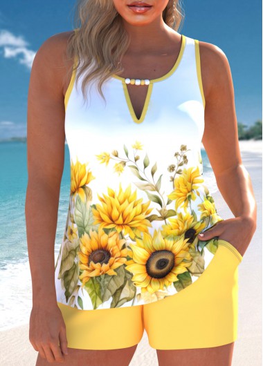 ROTITA Cut Out Light Yellow Floral Print Tankini Set