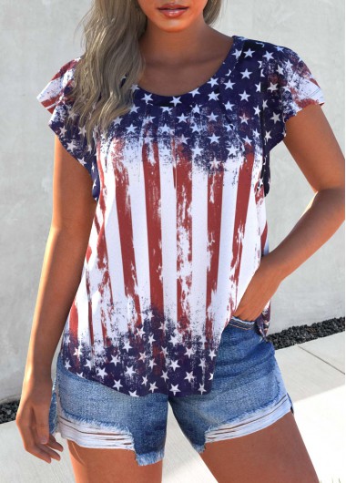 ROTITA Tuck Stitch Flag Print Blue Round Neck T Shirt