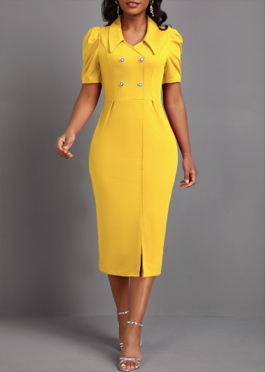 ROTITA Button Yellow Turn Down Collar Bodycon Dress