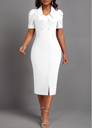 ROTITA Button White Turn Down Collar Bodycon Dress