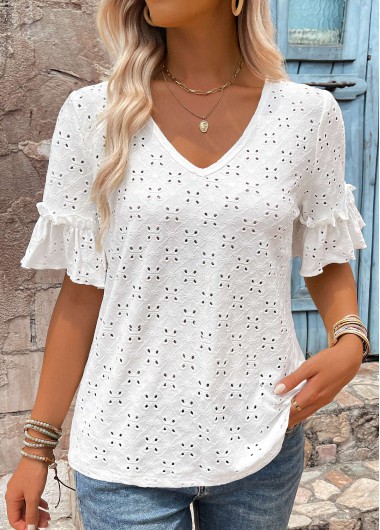 Hole White V Neck Short Sleeve T Shirt
