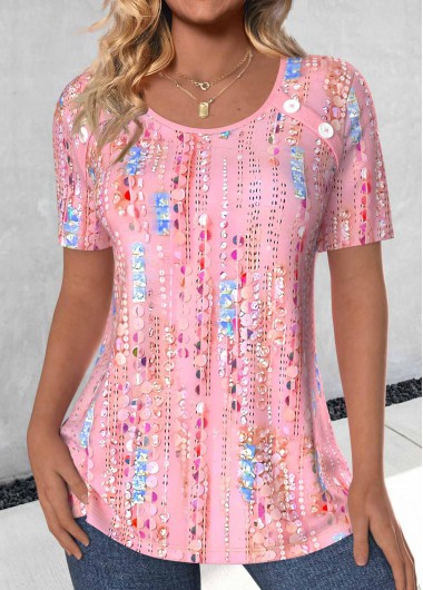 ROTITA Button Pink Round Neck Short Sleeve T Shirt