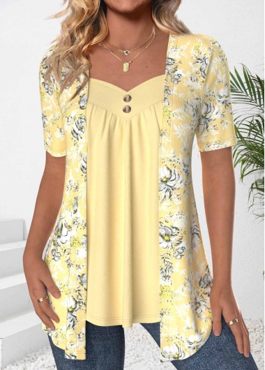 ROTITA Fake 2in1 Floral Print Light Yellow T Shirt