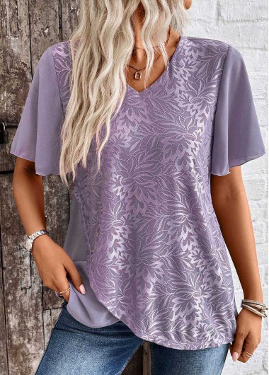 ROTITA Cross Hem Dusty Purple V Neck Short Sleeve Shirt