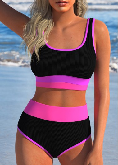 ROTITA Contrast Binding Black Patchwork Bikini Set