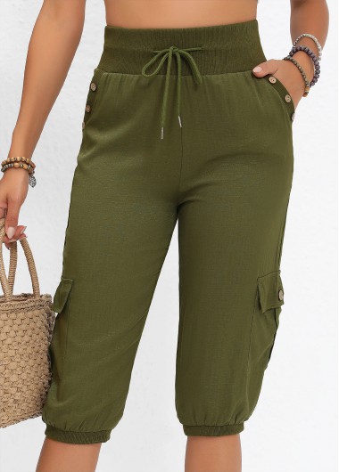 Pocket Jogger Elastic Waist High Waisted Olive Green Pants