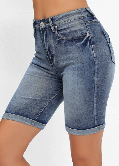 Pocket Denim Blue Skinny Button Fly High Waisted Shorts