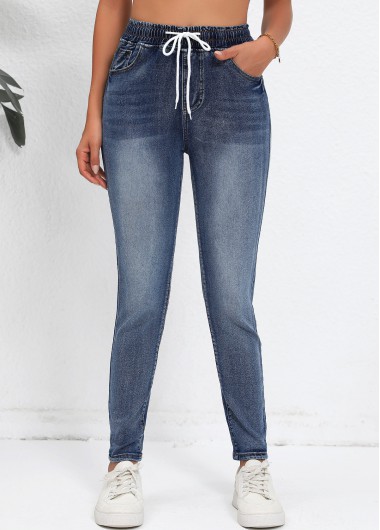 Pocket Regular Elastic Waist High Waisted Denim Blue Jeans