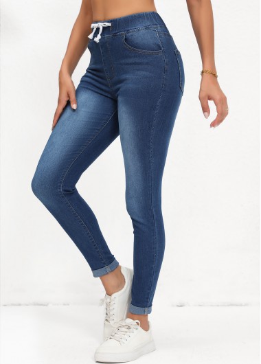 Pocket Denim Blue Skinny Elastic Waist High Waisted Jeans
