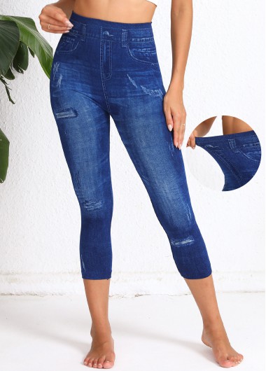 Denim-effect Print Denim Blue High Waisted Elastic Waist Leggings