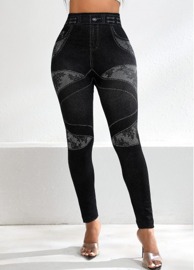 Denim-effect Print Black High Waisted Elastic Waist Leggings