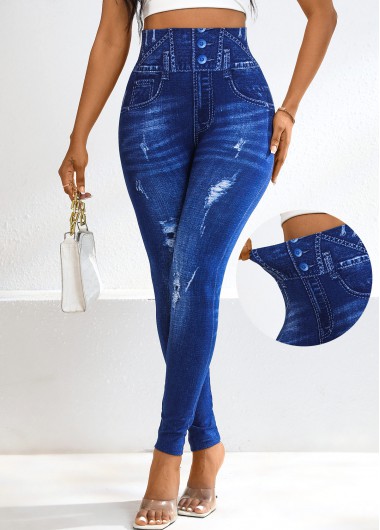 Denim-effect Print Denim Blue High Waisted Elastic Waist Leggings