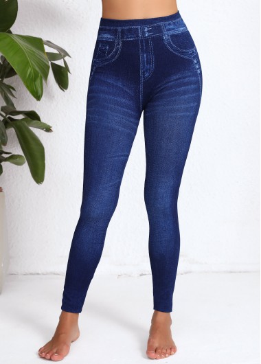 Denim-effect Print Denim Blue High Waisted Elastic Waist Leggings