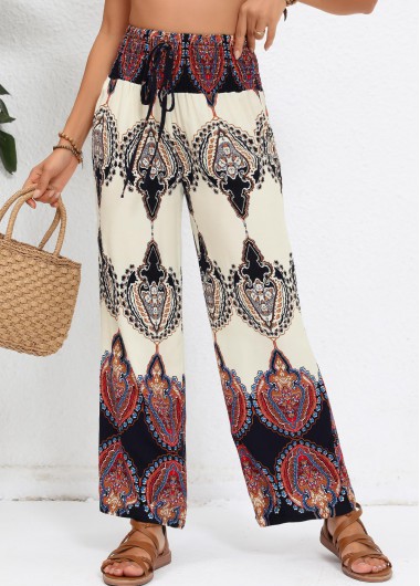 Smocked Tribal Print Beige Elastic Waist High Waisted Pants