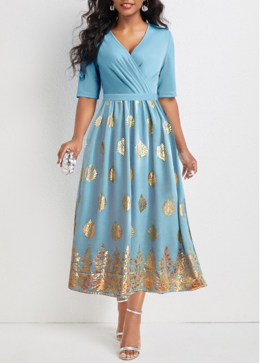 ROTITA Surplice Tribal Print Light Blue V Neck Dress