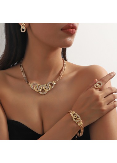 Round Gold Alloy Necklace Earrings and Wristband Set