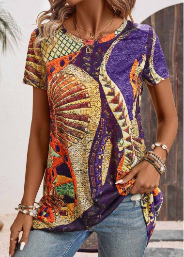 Lightweight Tribal Print Multi Color Round Neck T Shirt