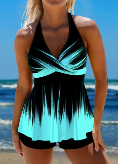 ROTITA Surplice Tie Back Cyan Ombre Tankini Top