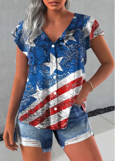 ROTITA Button Flag Print Blue Round Neck Short Sleeve Blouse